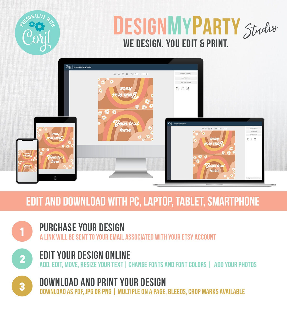 Editable Groovy Retro Daisy Food Label Flower Power 70&#39;s Birthday Place Card Tent Card Folded Festival Vibes Digital Template Printable 0428