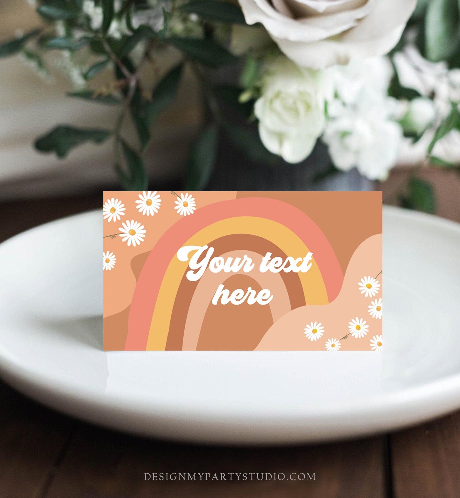 Editable Groovy Retro Daisy Food Label Flower Power 70's Birthday Place Card Tent Card Folded Festival Vibes Digital Template Printable 0428