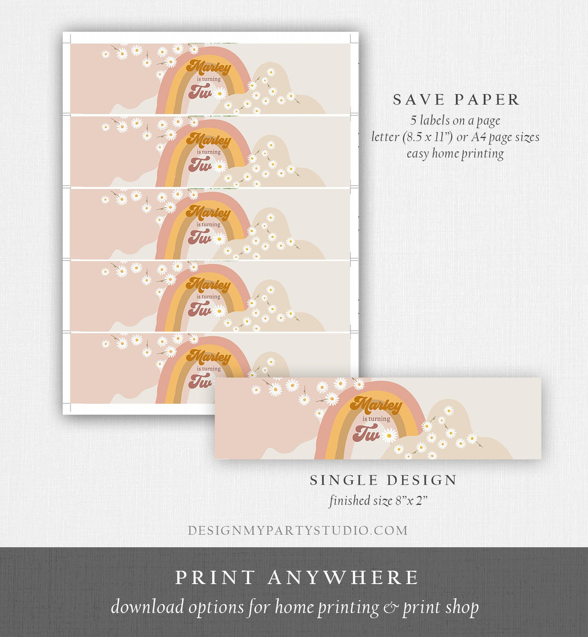 Editable Retro Daisy Water Bottle Labels 1st 2nd Birthday Hippie Party Decor Groovy 70s Floral Bottle Wrap Digital Template Printable 0428