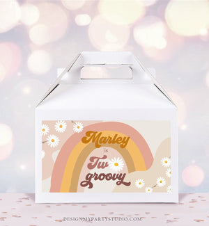 Editable Groovy Birthday Party Gable Box Favor Label Hippie 70's Gift Box Labels Festival Two Groovy Daisy Download Printable Corjl 0428