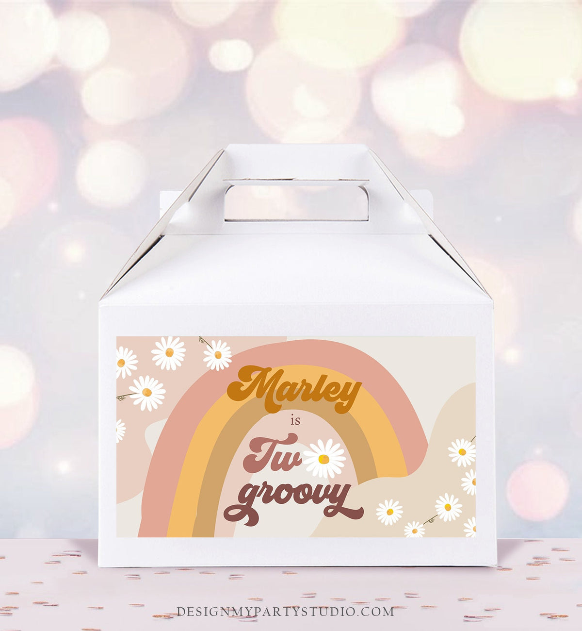 Editable Groovy Birthday Party Gable Box Favor Label Hippie 70&#39;s Gift Box Festival Two Groovy Daisy Digital Download Template Printable 0428