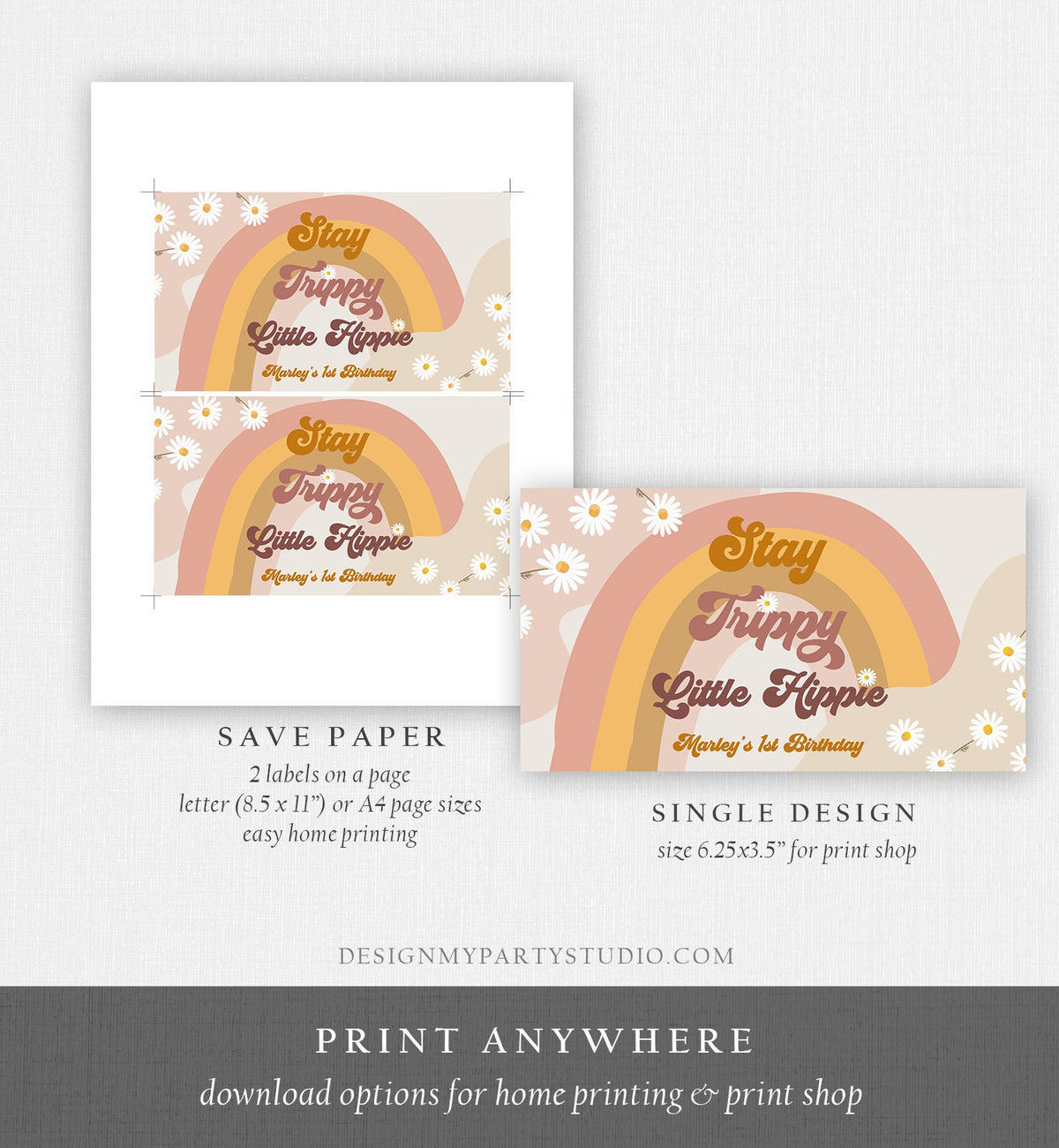 Editable Groovy Birthday Party Gable Box Favor Label Stay Trippy Little Hippie 70&#39;s Box Label Festival Daisy Download Printable Corjl 0428