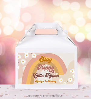 Editable Groovy Birthday Party Gable Box Favor Label Stay Trippy Little Hippie 70's Box Label Festival Daisy Download Printable Corjl 0428