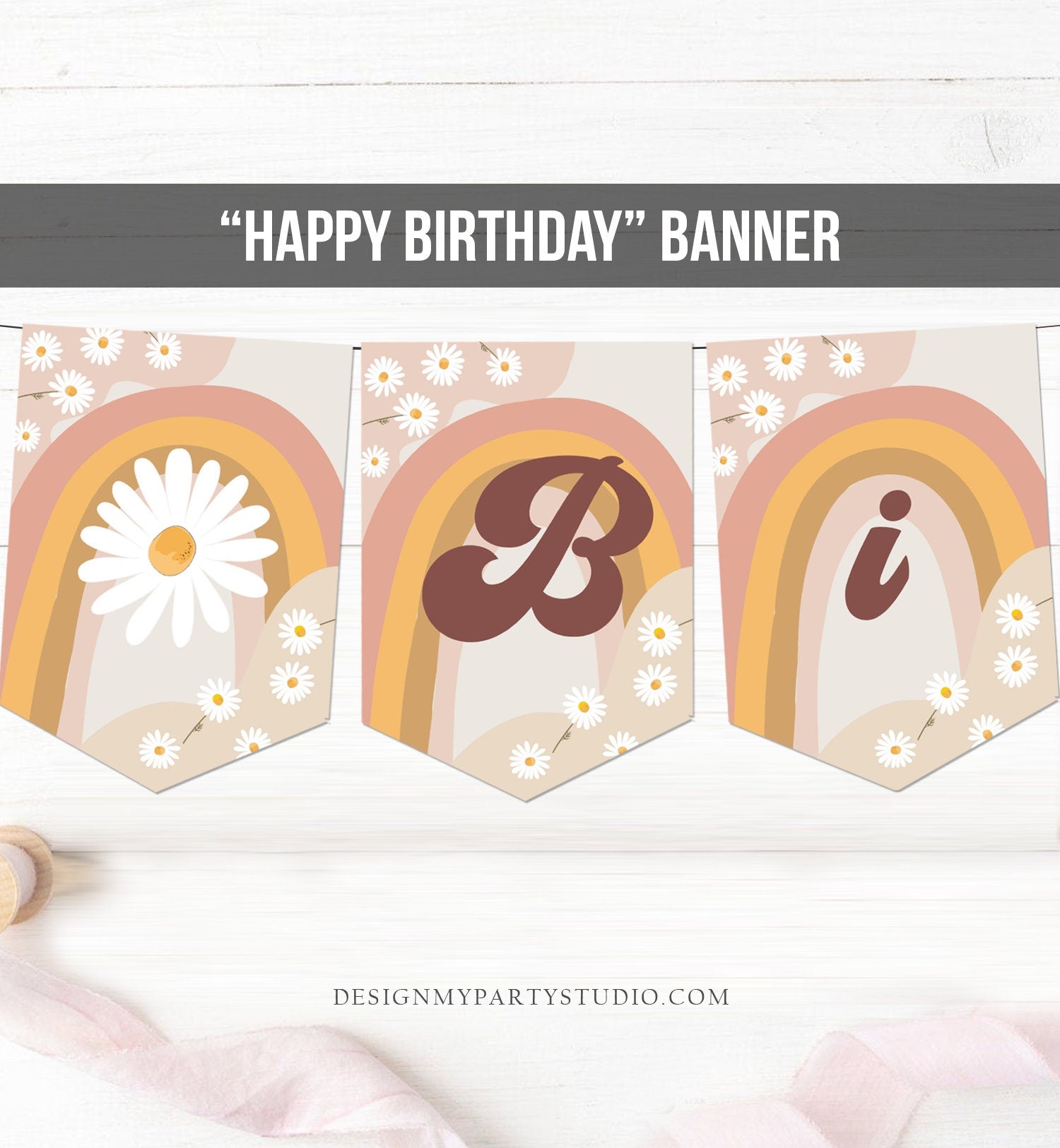 Happy Birthday Banner Daisy Birthday Banner Girl Groovy Party Decor Boho Retro Floral 70's Hippie Decor Digital Download Printable 0428