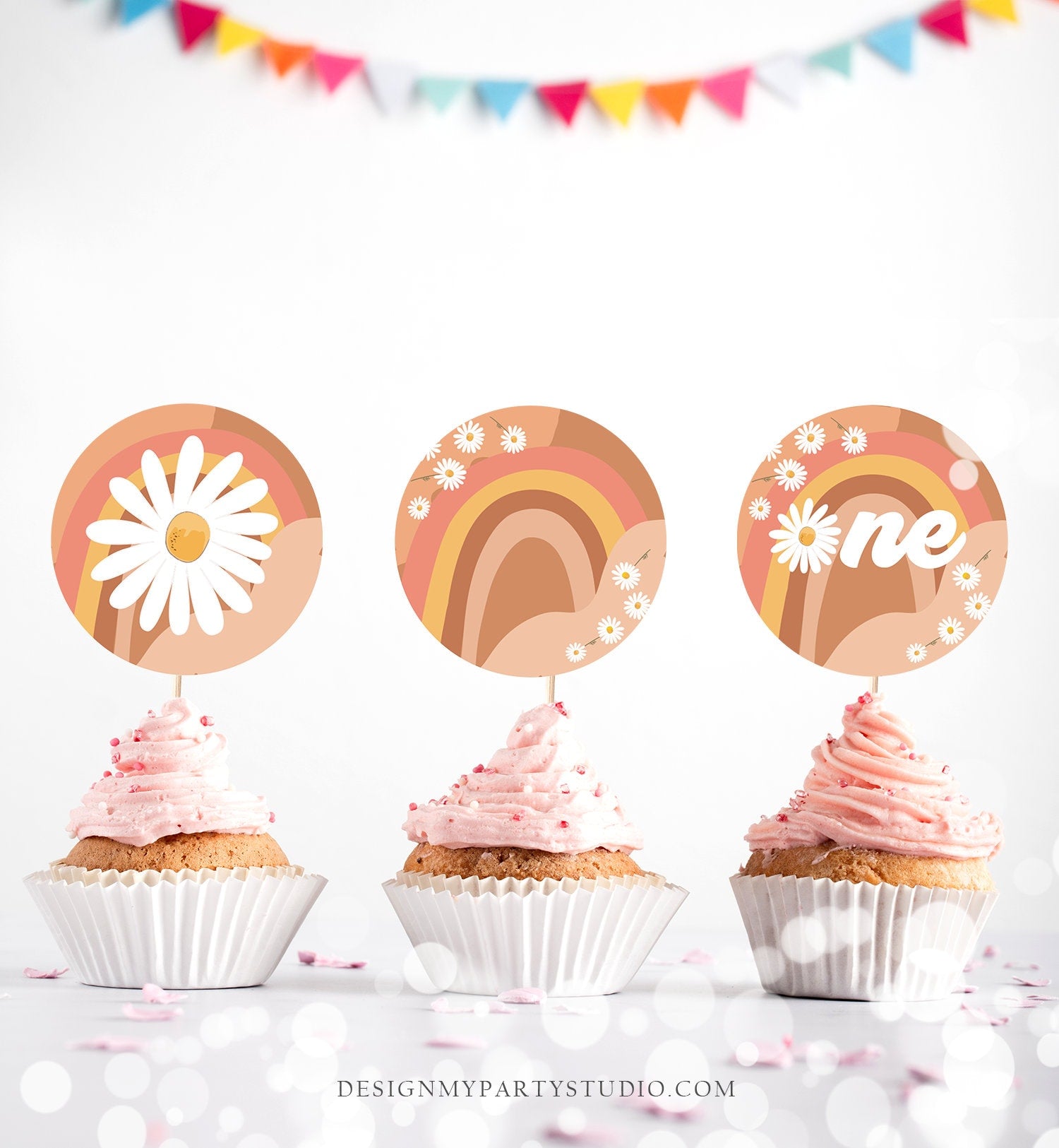 Groovy First Birthday Cupcake Toppers Favor Tags Retro Daisy Birthday Party Decor One Flower Power Festival Download Digital PRINTABLE 0428