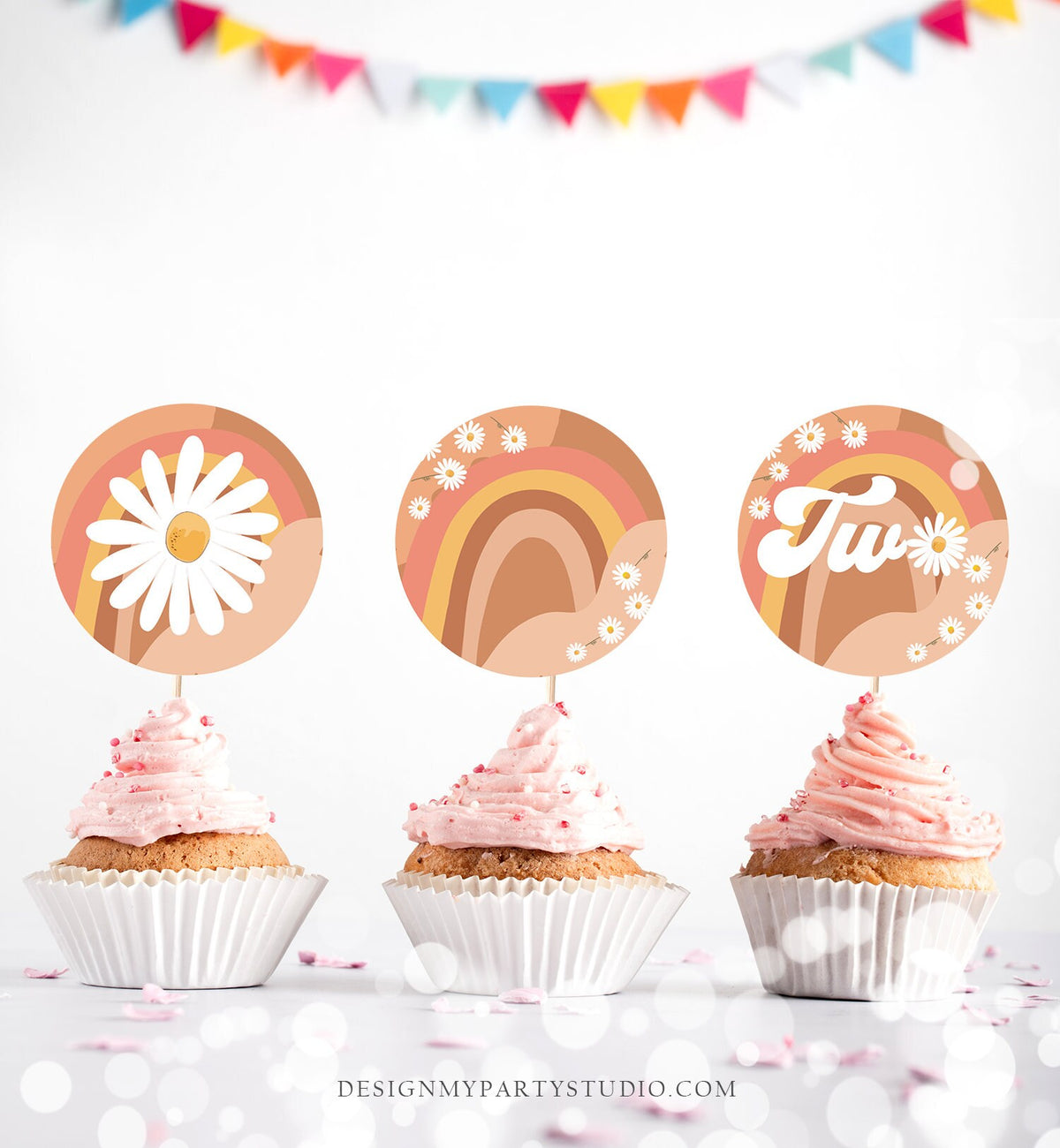 Two Groovy Birthday Cupcake Toppers Favor Tags Retro Daisy Birthday Party Decor 2nd Flower Power Festival Digital Download Printable 0428