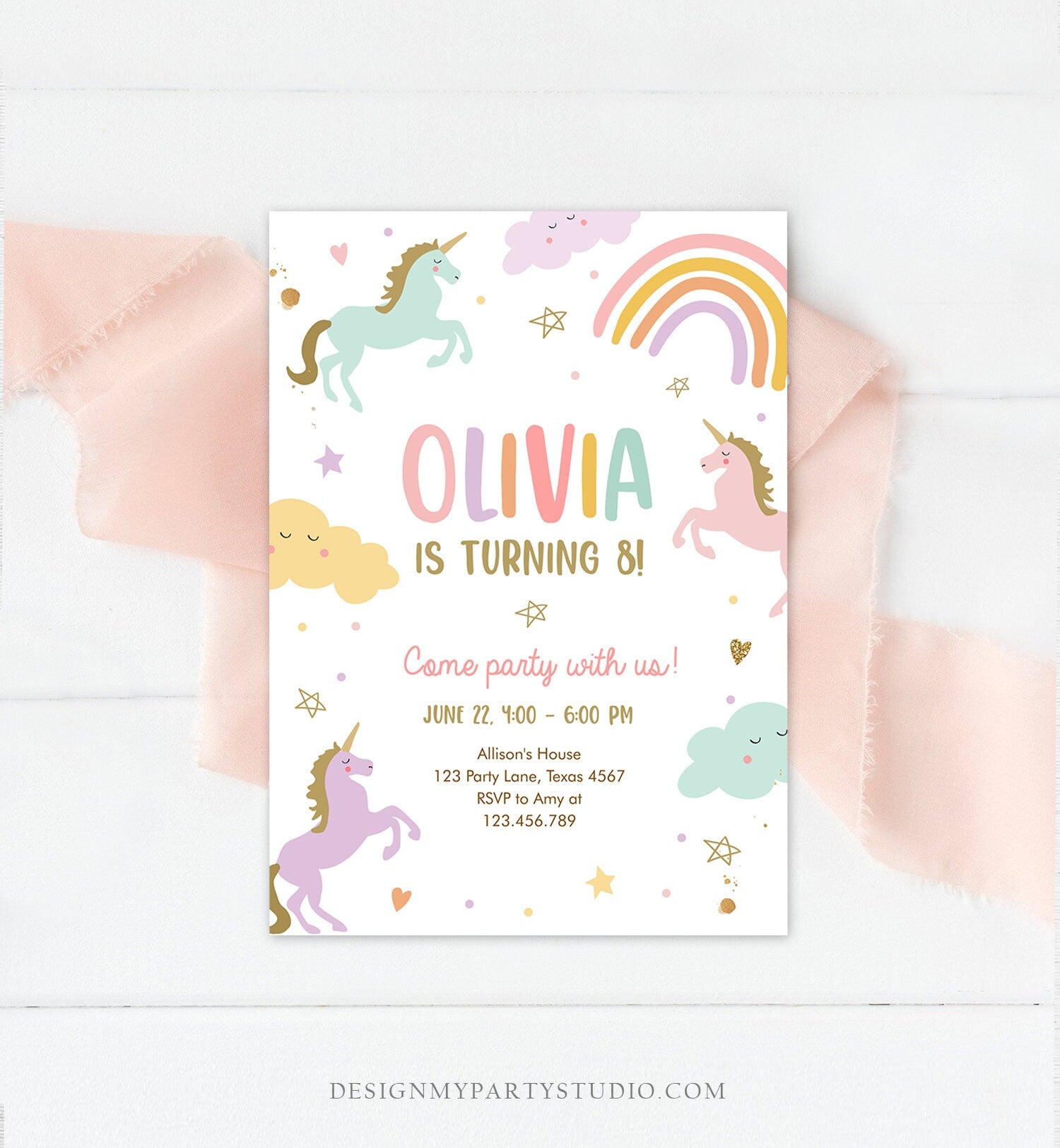 Editable Unicorn Birthday Invitation Magical Party Invite Girl Pink Pastel First Digital Unicorn Party Template Rainbow Download Corjl 0426