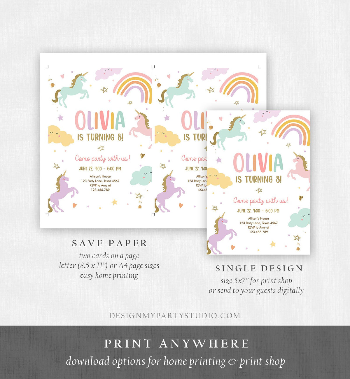 Editable Unicorn Birthday Invitation Magical Party Invite Girl Pink Pastel First Digital Unicorn Party Template Rainbow Download Corjl 0426