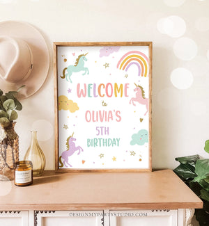 Editable Unicorn Welcome Sign Pastel Unicorn Birthday Door Sign Rainbow Girl Magical Party Sign Poster Pink Template PRINTABLE Corjl 0426