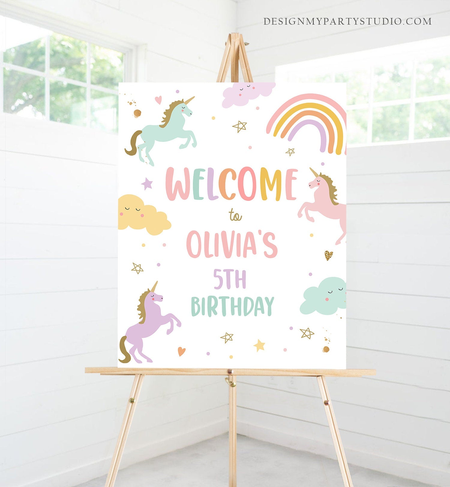 Editable Unicorn Welcome Sign Pastel Unicorn Birthday Door Sign Rainbow Girl Magical Party Sign Poster Pink Template PRINTABLE Corjl 0426