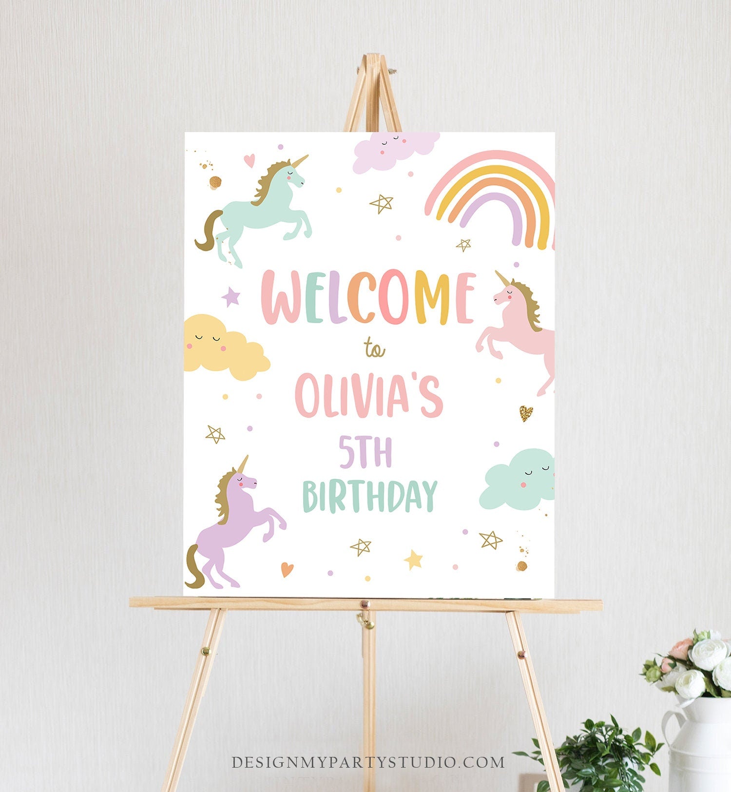 Editable Unicorn Welcome Sign Pastel Unicorn Birthday Door Sign Rainbow Girl Magical Party Sign Poster Pink Template PRINTABLE Corjl 0426