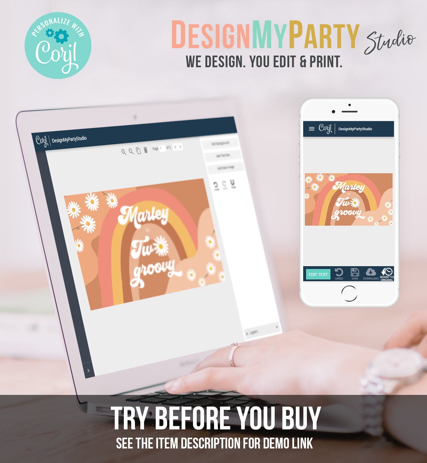 Editable Groovy Birthday Backdrop Two Groovy Girl Retro Daisy Party Decor Festival Flower Power Boho Digital Template Printable 0428