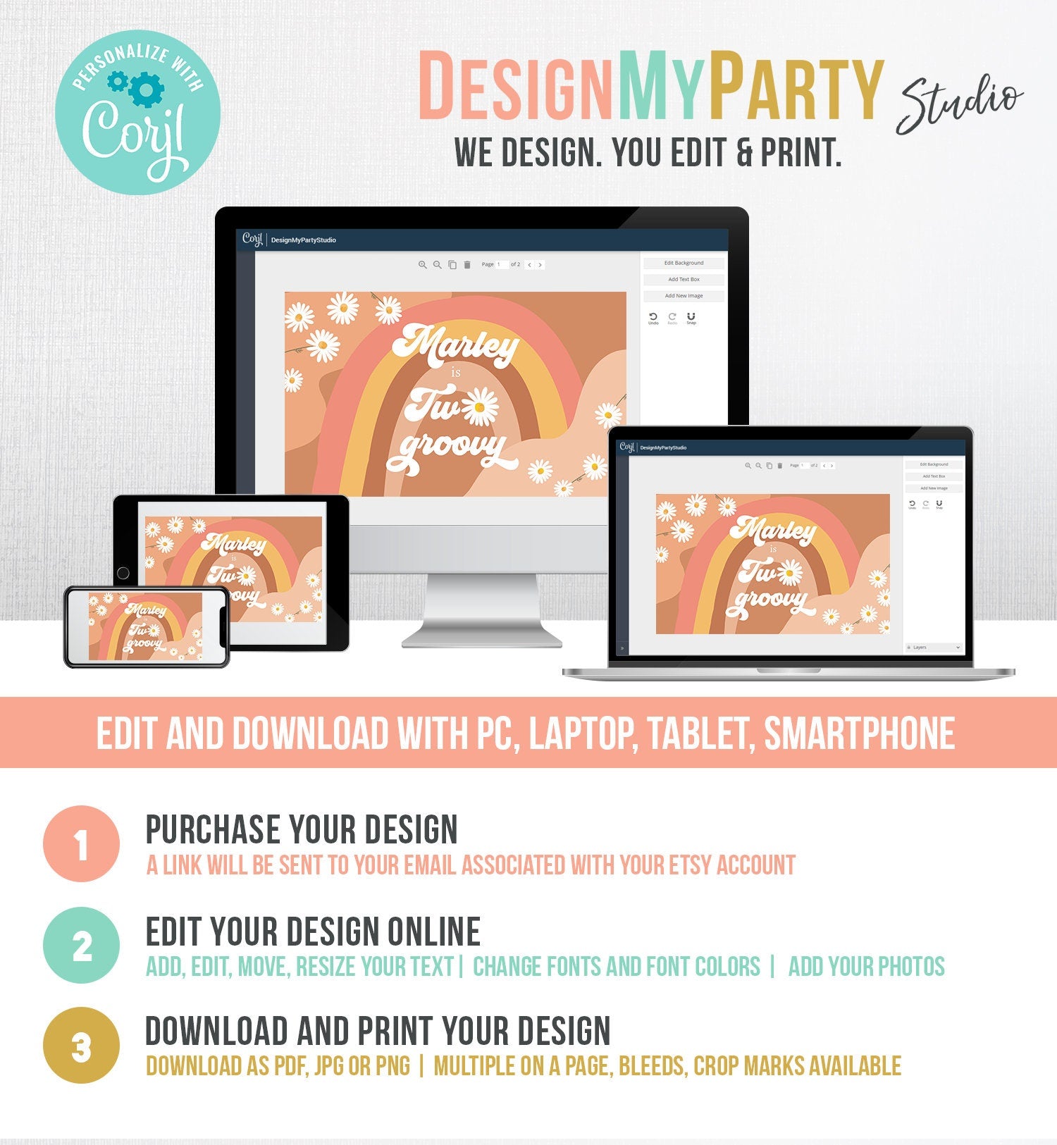 Editable Groovy Birthday Backdrop Two Groovy Girl Retro Daisy Party Decor Festival Flower Power Boho Digital Template Printable 0428