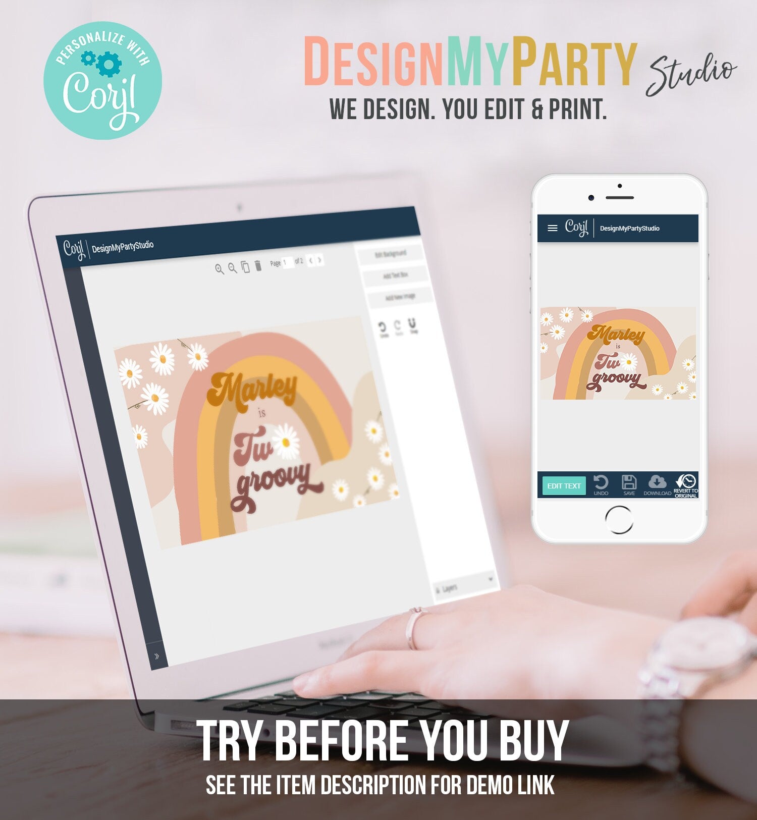 Editable Groovy Birthday Backdrop Two Groovy Birthday Girl Retro Daisy Party Festival Flower Power Boho Digital Template Printable 0428