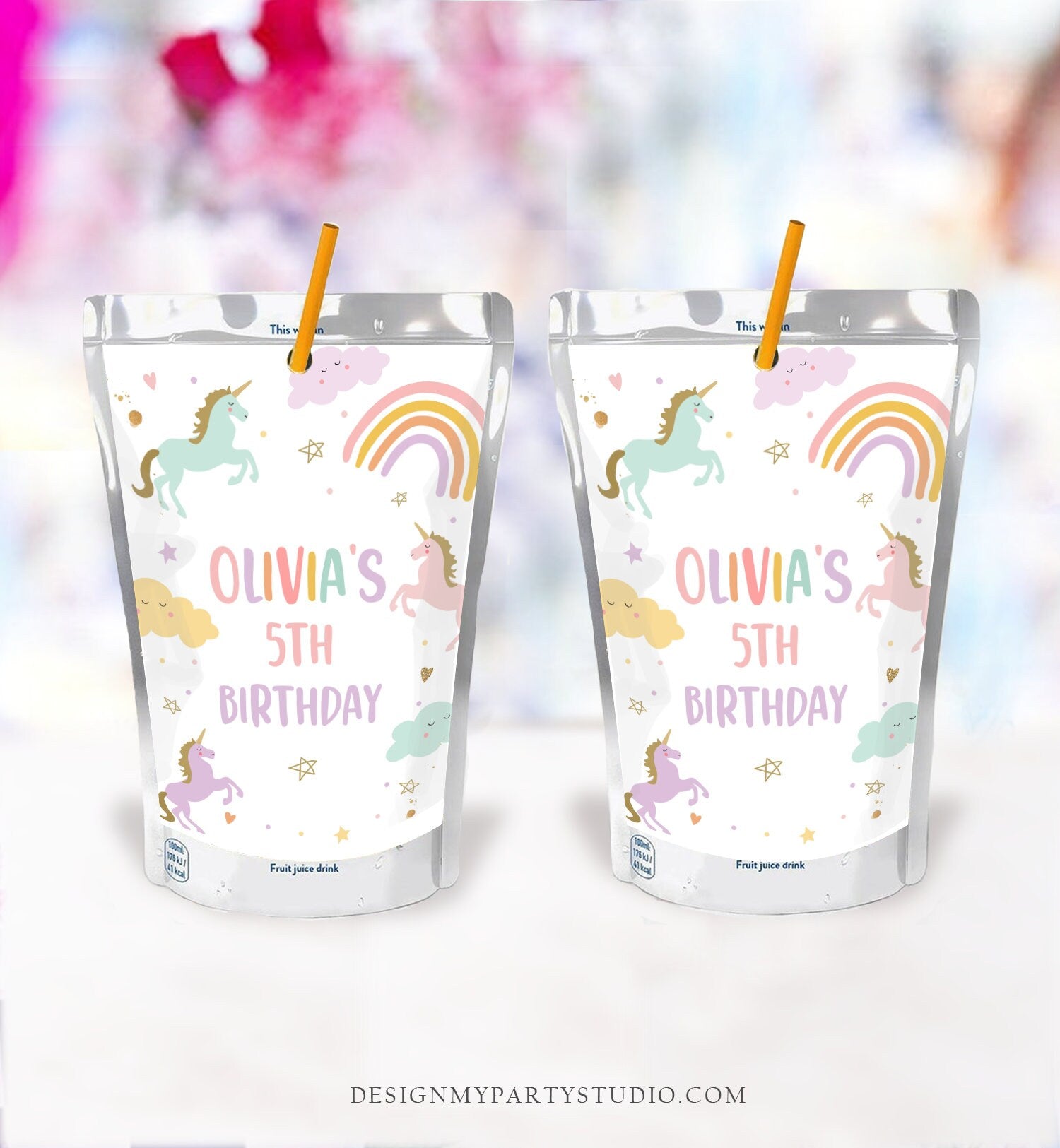 Editable Unicorn Juice Pouch Label Juice Favors Magical Unicorn Birthday Party Pastel Rainbow Digital Download Template Printable 0426