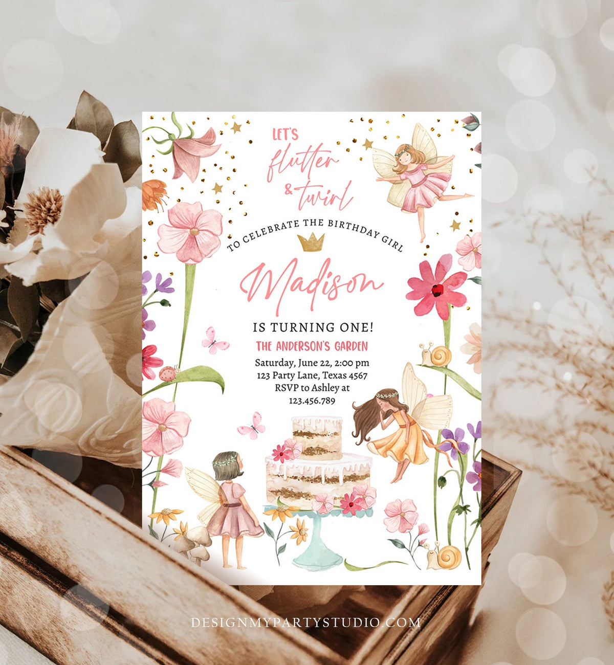 Editable Fairy Princess Birthday Invitation Girl Pink Floral Fairy Party Whimsical Garden Digital Download Evite Template Printable 0406