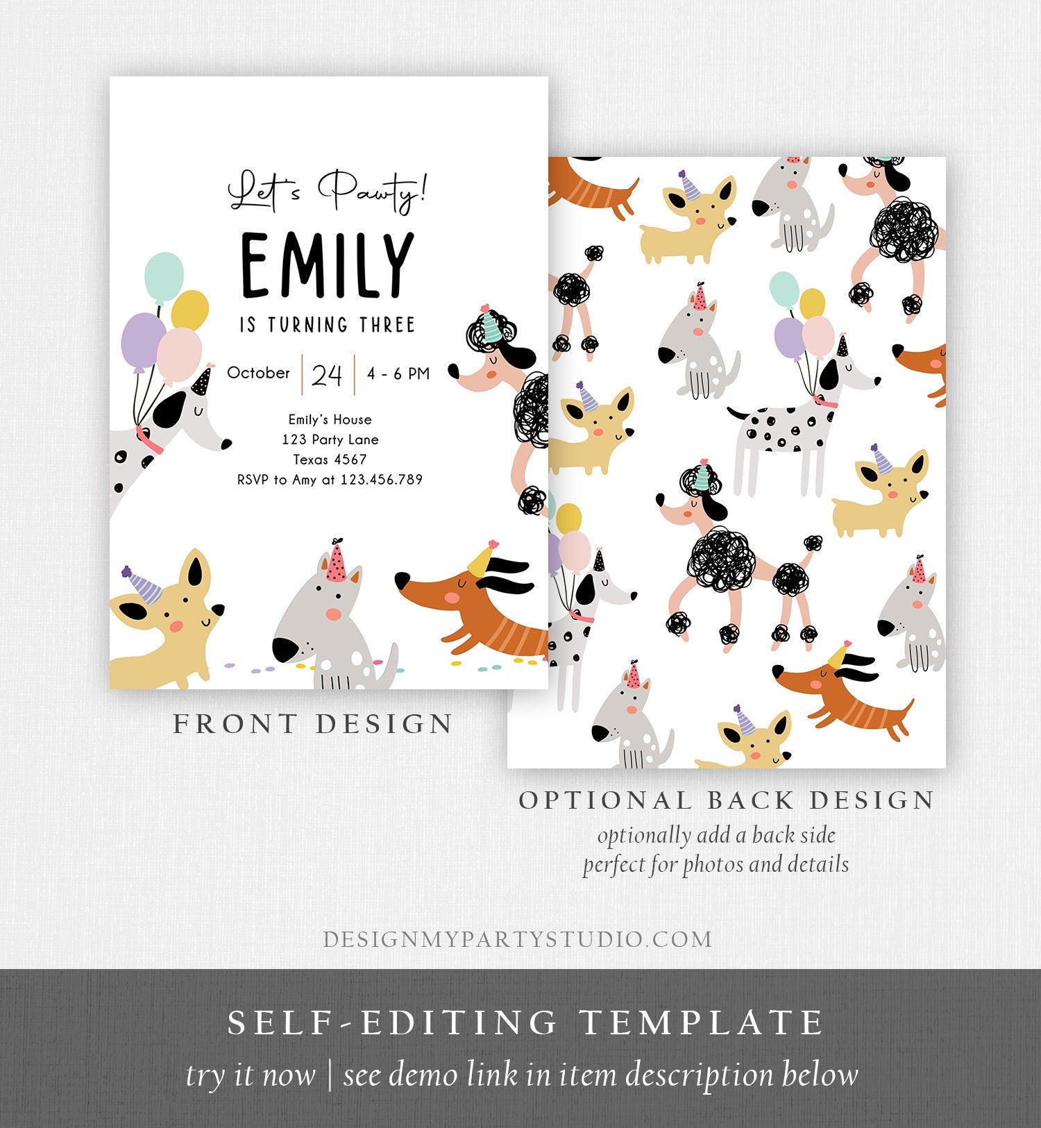 Editable Dog Birthday Party Invitation Puppy Birthday Invite Pink Girl Pawty Birthday Animal Pet Digital Download Template Printable 0429