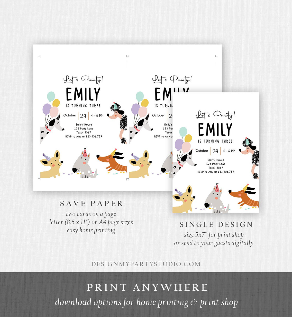 Editable Dog Birthday Party Invitation Puppy Birthday Invite Pink Girl Pawty Birthday Animal Pet Digital Download Template Printable 0429