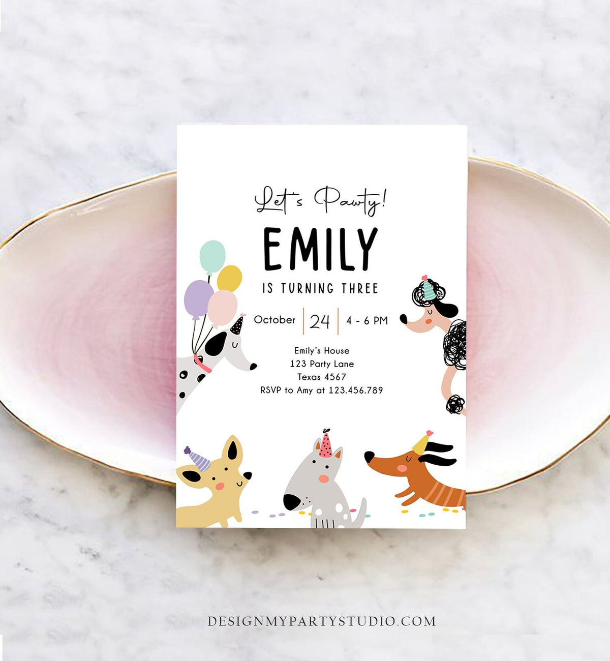 Editable Dog Birthday Party Invitation Puppy Birthday Invite Pink Girl Pawty Birthday Animal Pet Digital Download Template Printable 0429