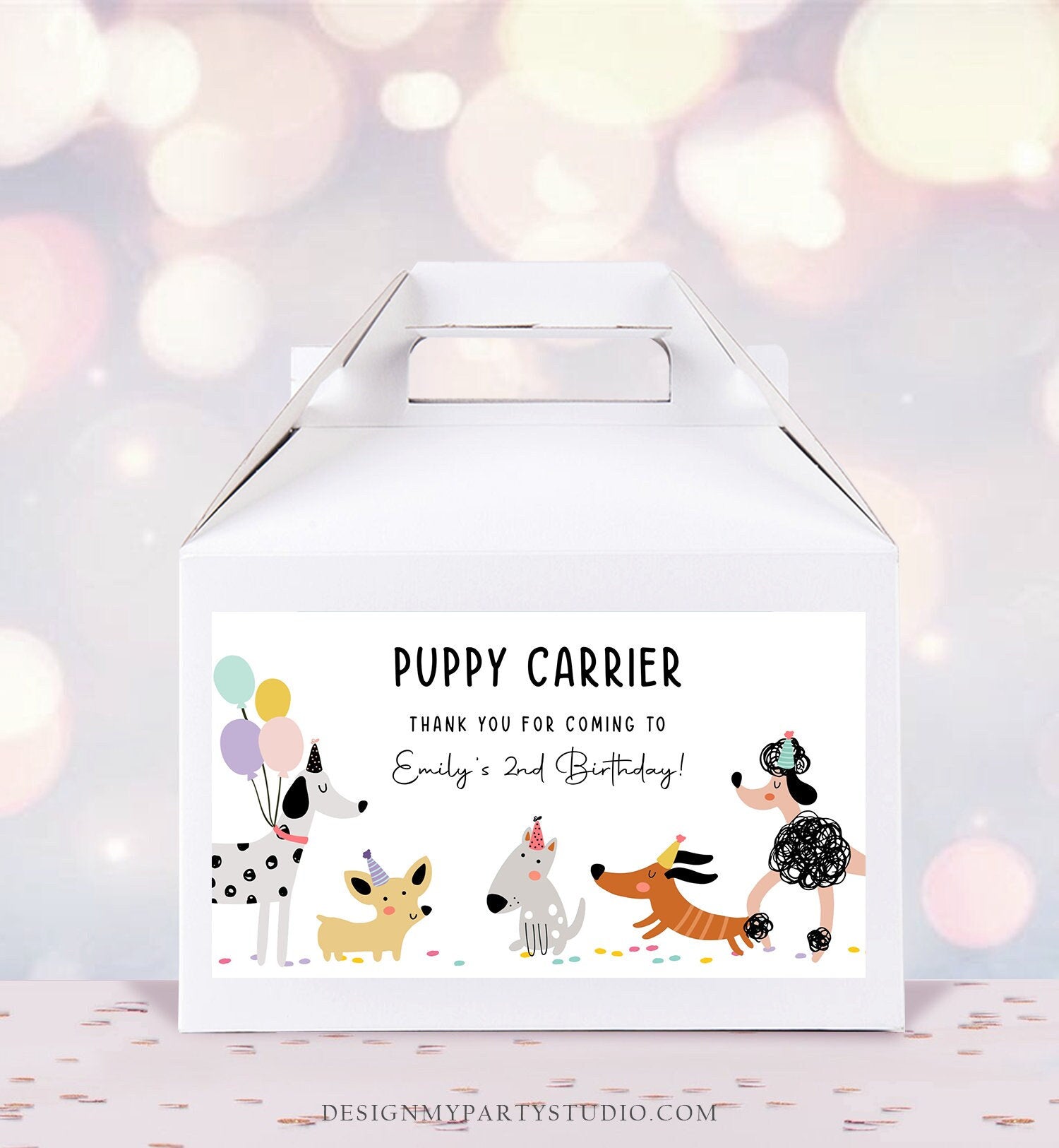 Editable Puppy Carrier Box Favor Label Puppy Birthday Favor Box Label Boy Girl Adopt a Puppy Pet Pawty Digital Download Printable Corjl 0429