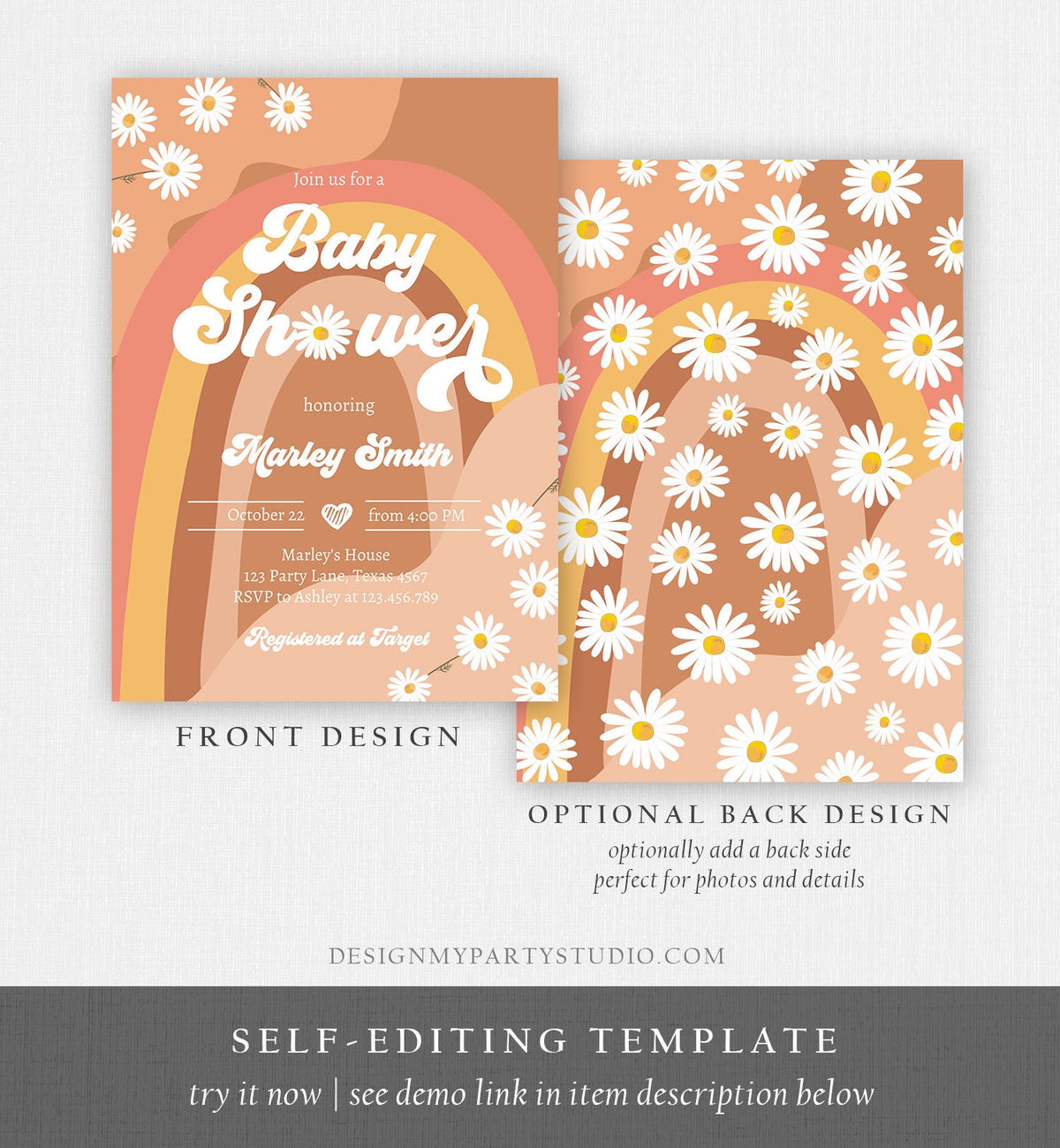 Editable Retro Groovy Baby Shower Invitation Boho Daisy Rainbow Flower Power 70&#39;s Hippie Bohemian Digital Evite Template Printable 0428