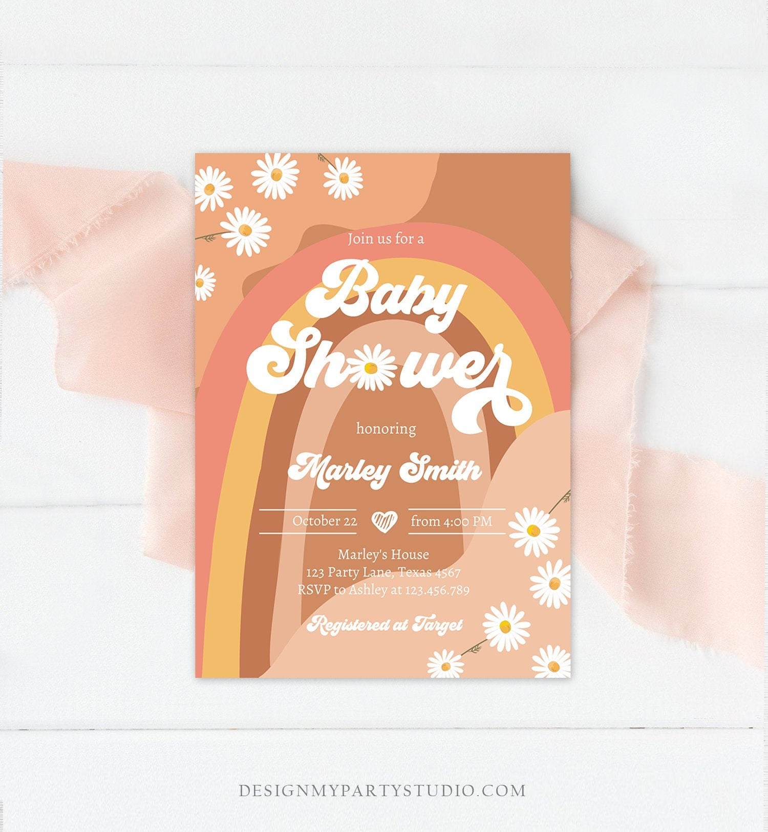 Editable Retro Groovy Baby Shower Invitation Boho Daisy Rainbow Flower Power 70's Hippie Bohemian Digital Evite Template Printable 0428