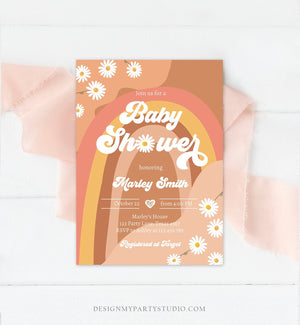 Editable Retro Baby Shower Invitation Boho Daisy Rainbow Flower Power 70's Hippie Bohemian Download Printable Template Corjl Digital 0428