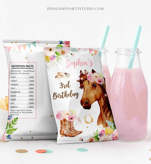 Editable Horse Birthday Chip Bag Cowgirl Party Decor Girl Pony Birthday Saddle Up Pink Floral Horse Snack Favors Digital Corjl Template 0408