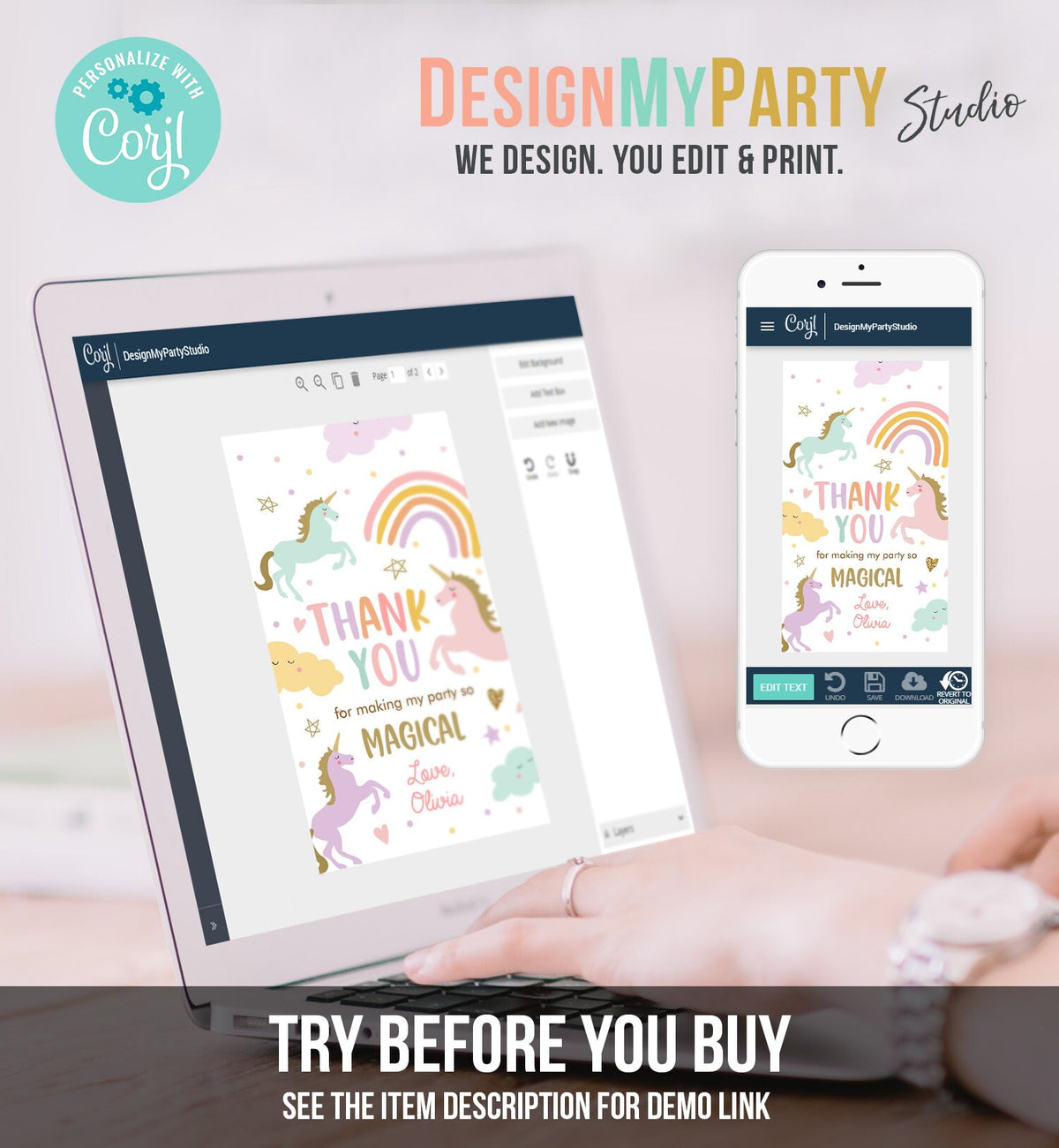 Editable Unicorn Favor Tags Magical Birthday Thank you tags Label Rainbow Birthday Gift Tags Pink Pastel Girl Template PRINTABLE Corjl 0426