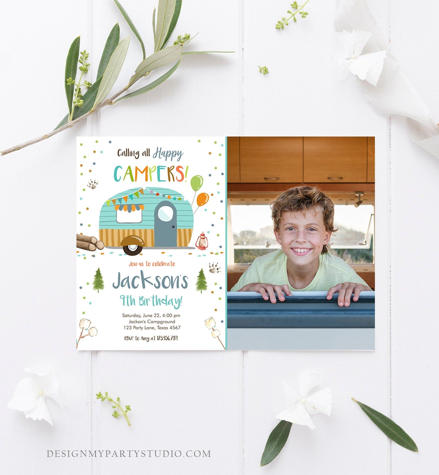 Editable Happy Camper Birthday Invitation Boy Blue Camping Party Pink Camper Glamping Digital Download Evite Template Printable 0342