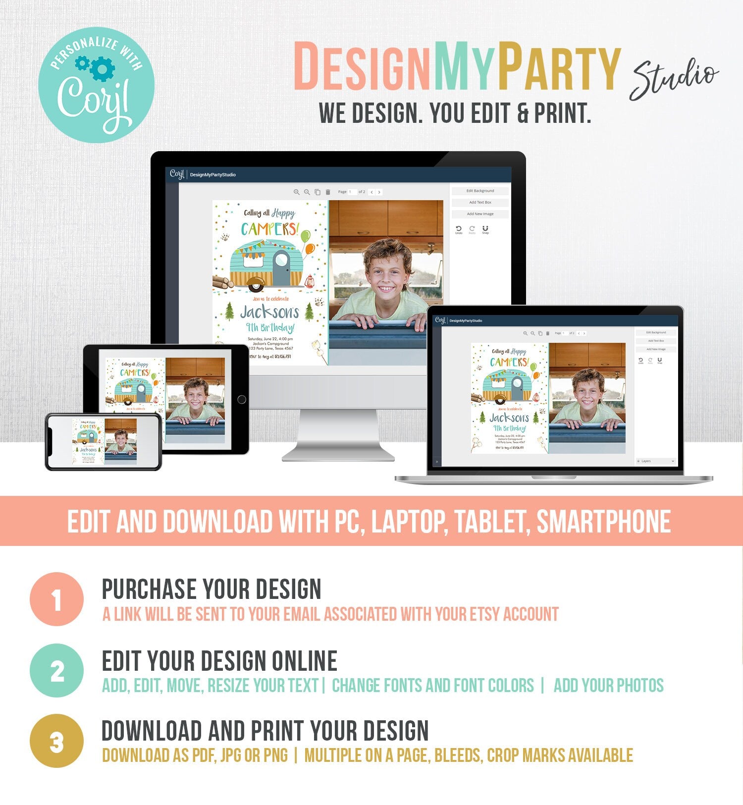 Editable Happy Camper Birthday Invitation Boy Blue Camping Party Pink Camper Glamping Digital Download Evite Template Printable 0342