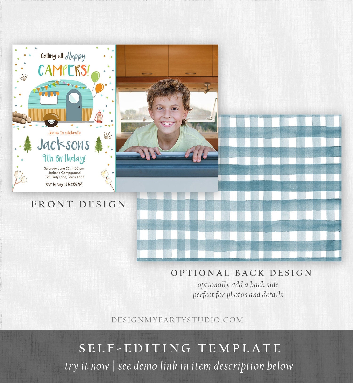 Editable Happy Camper Birthday Invitation Boy Blue Camping Party Pink Camper Glamping Digital Download Evite Template Printable 0342