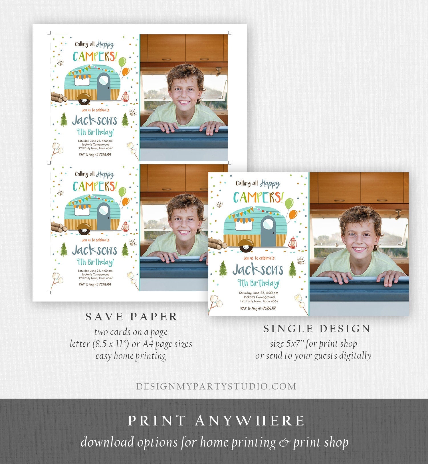 Editable Happy Camper Birthday Invitation Boy Blue Camping Party Pink Camper Glamping Digital Download Evite Template Printable 0342