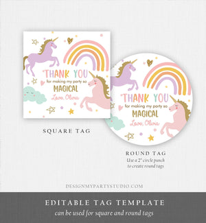 Editable Unicorn Favor Tags Magical Birthday Thank You Tag Gift Girl Pastel Instant Rainbow Download Digital Corjl Template Printable 0426