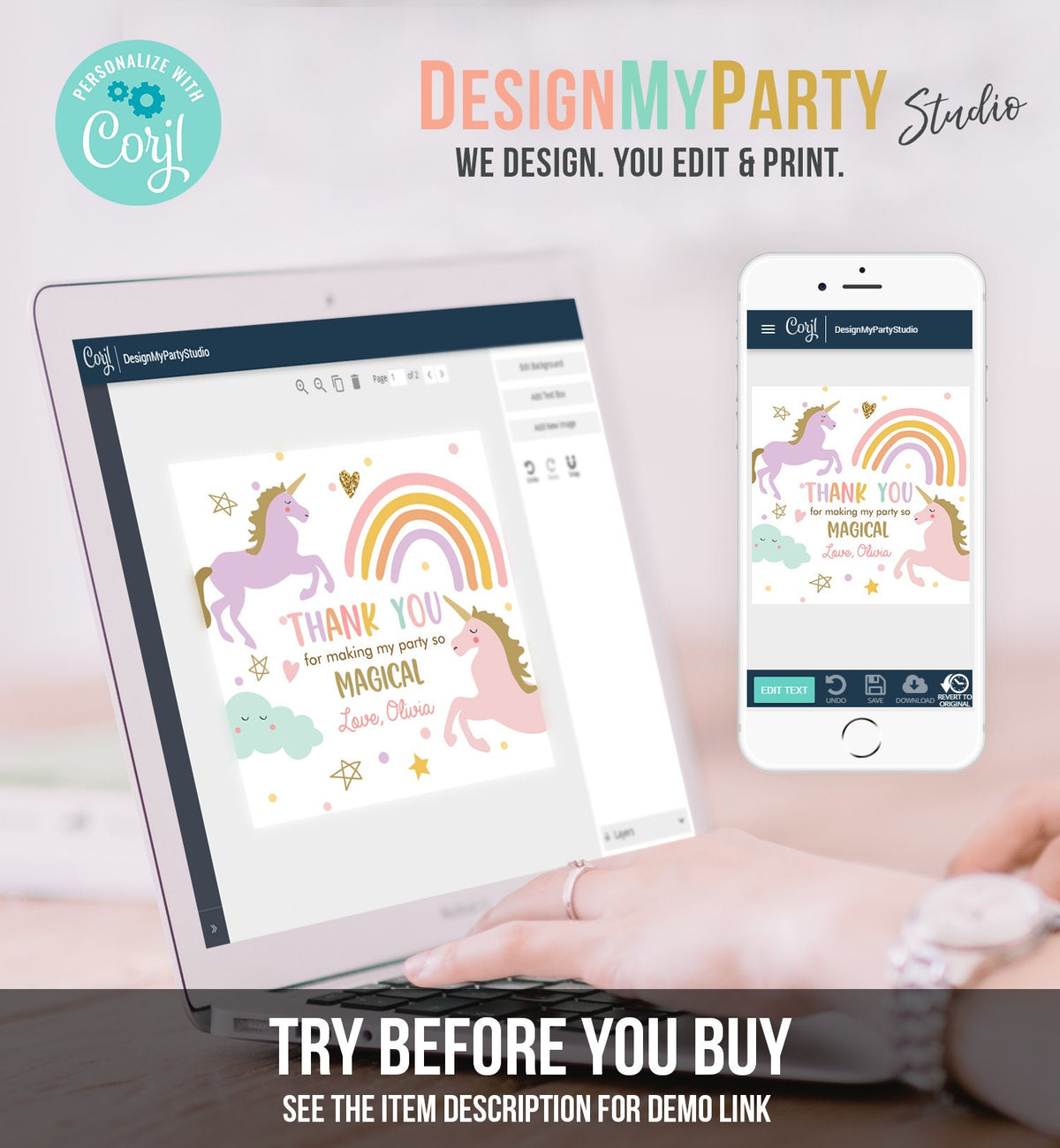 Editable Unicorn Favor Tags Magical Birthday Thank You Tag Gift Girl Pastel Instant Rainbow Download Digital Corjl Template Printable 0426