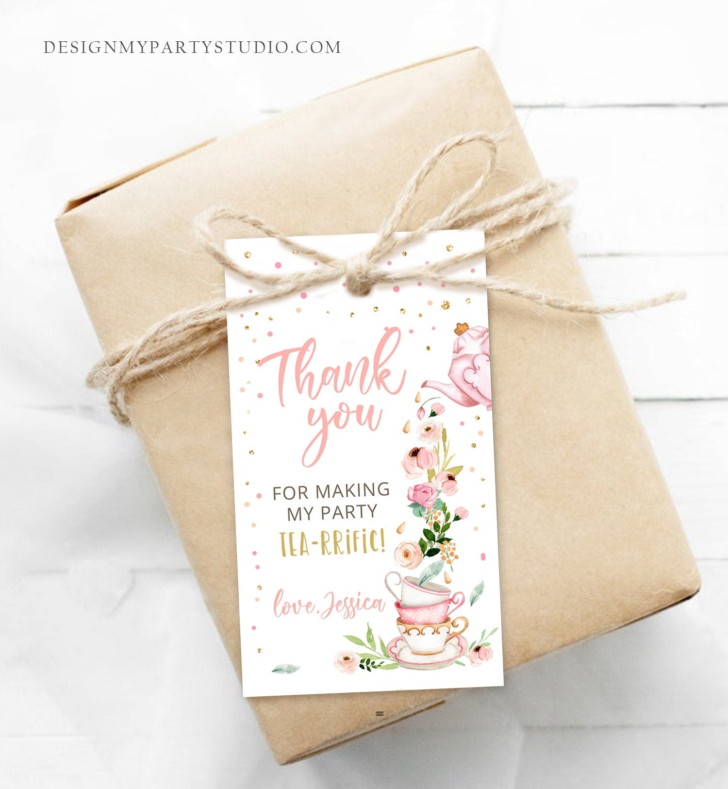 Editable Tea for Two Favor Tags Tea Birthday Thank You Tags Tea-rrific Tea Party Garden Floral Pink Pot Gift Tag Digital Corjl Template 0349