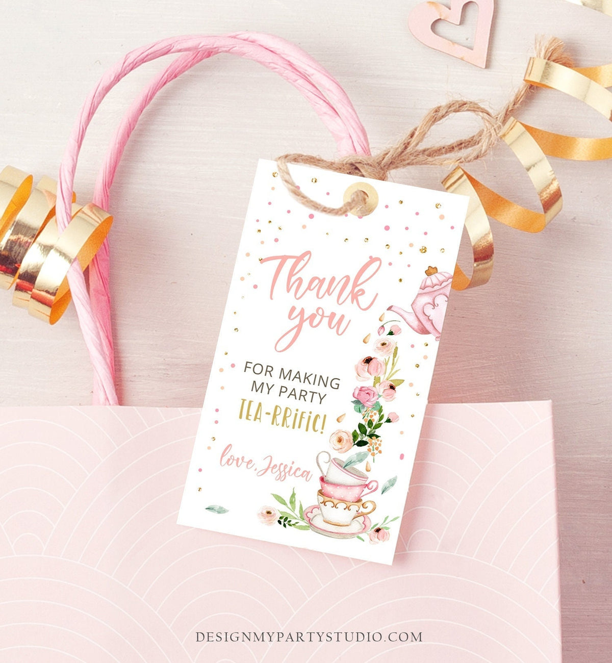 Editable Tea for Two Favor Tags Tea Birthday Thank You Tags Tea-rrific Tea Party Garden Floral Pink Pot Gift Tag Digital Corjl Template 0349