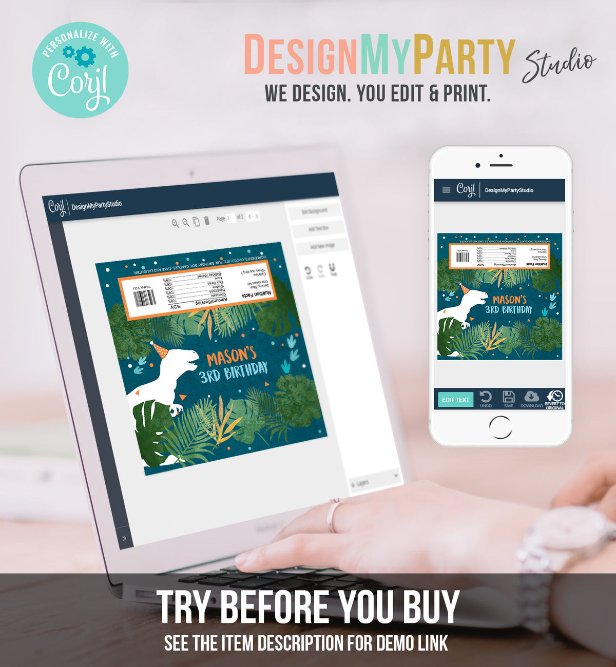 Editable Dinosaur Chocolate Bar Labels Candy Bar Wrapper Safari Tropical Gold Boy Birthday Party Download Corjl Template Printable 0378