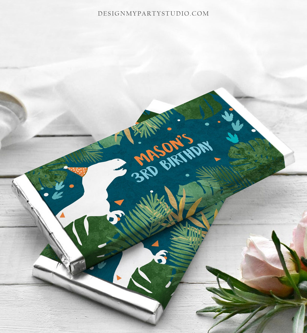 Editable Dinosaur Chocolate Bar Labels Candy Bar Wrapper Safari Tropical Gold Boy Birthday Party Download Corjl Template Printable 0378