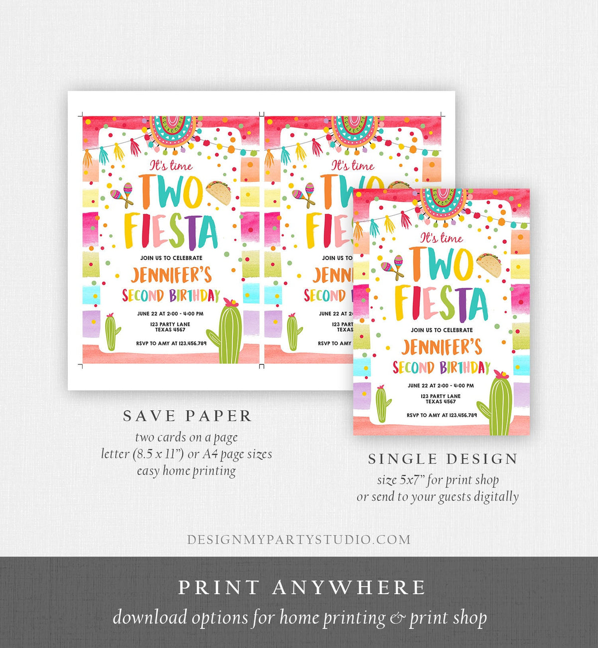 Editable It&#39;s Time Two Fiesta Birthday Invitation Second Birthday 2nd Cactus Mexican Boy Girl Cactus Download Corjl Template Printable 0134