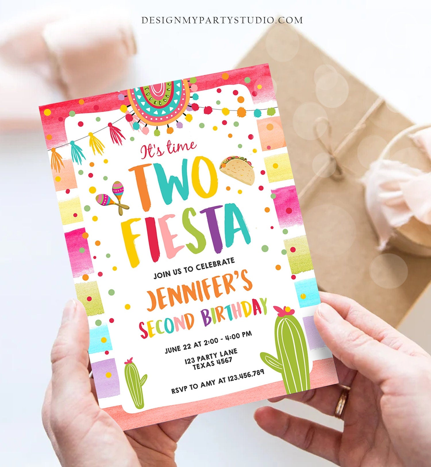 Editable It's Time Two Fiesta Birthday Invitation Second Birthday 2nd Cactus Mexican Boy Girl Cactus Download Corjl Template Printable 0134