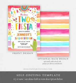 Editable It's Time Two Fiesta Birthday Invitation Second Birthday 2nd Cactus Mexican Boy Girl Cactus Download Corjl Template Printable 0134