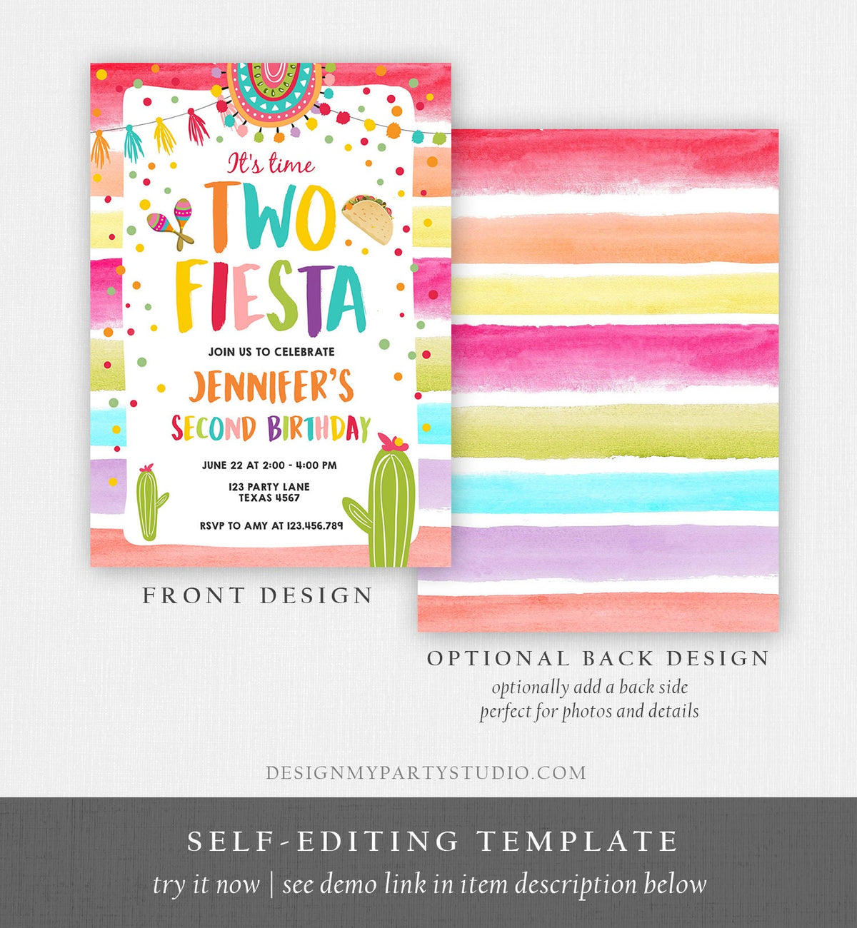 Editable It&#39;s Time Two Fiesta Birthday Invitation Second Birthday 2nd Cactus Mexican Boy Girl Cactus Download Corjl Template Printable 0134