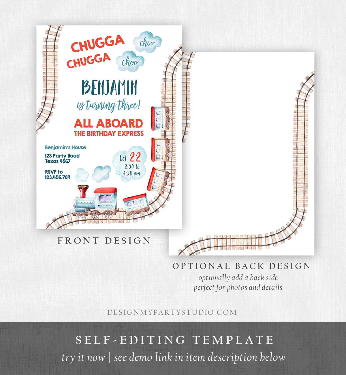 Editable Train Birthday Invitation Vintage Train Party Train Chugga Choo Two All Aboard Boy 2nd 1st Download Printable Template Corjl 0149