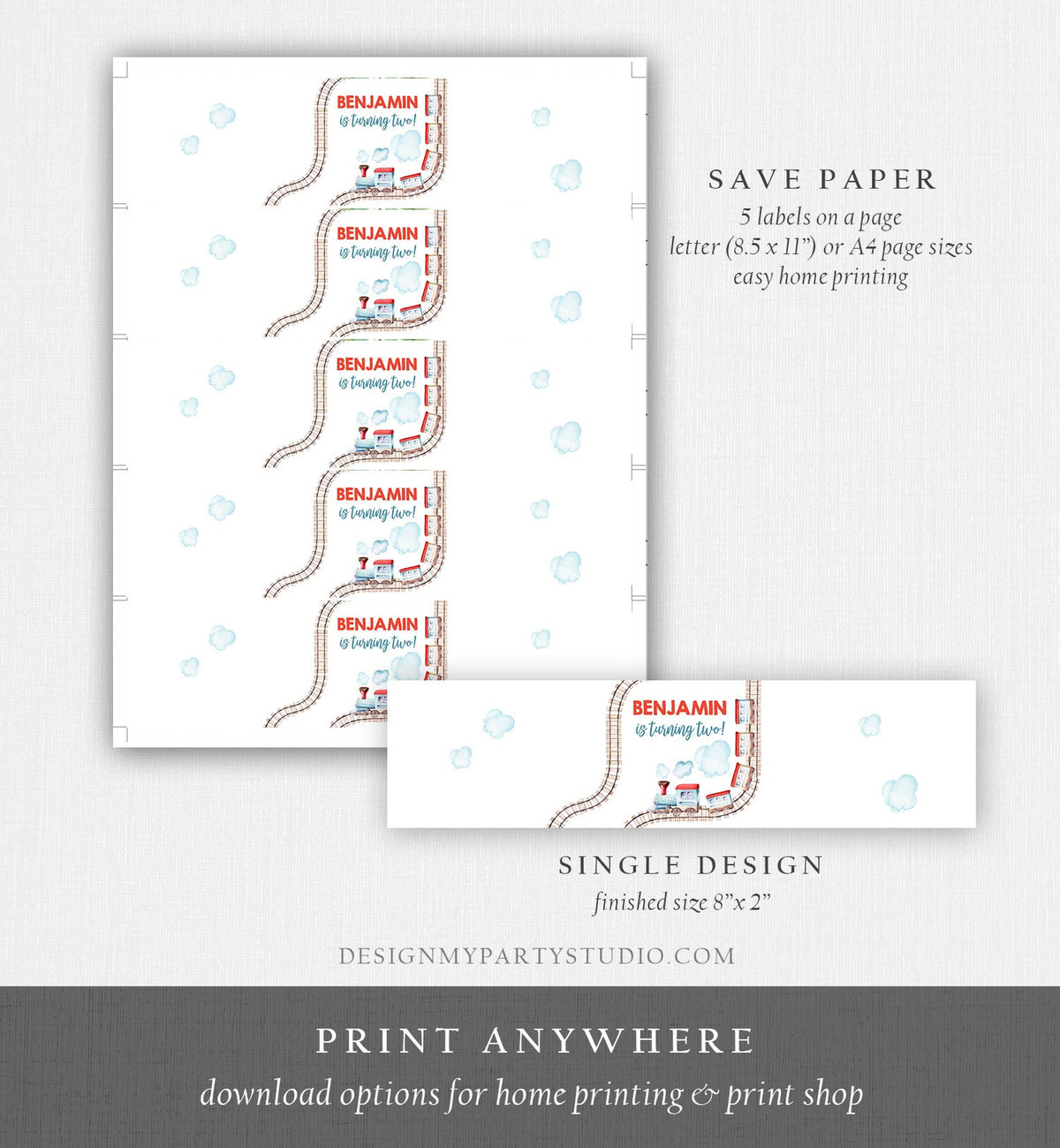 Editable Train Water Bottle Labels Train Birthday Decor Red Blue Bottle Wrap Railroad Chugga Chugga Two Choo Printable Corjl Template 0149