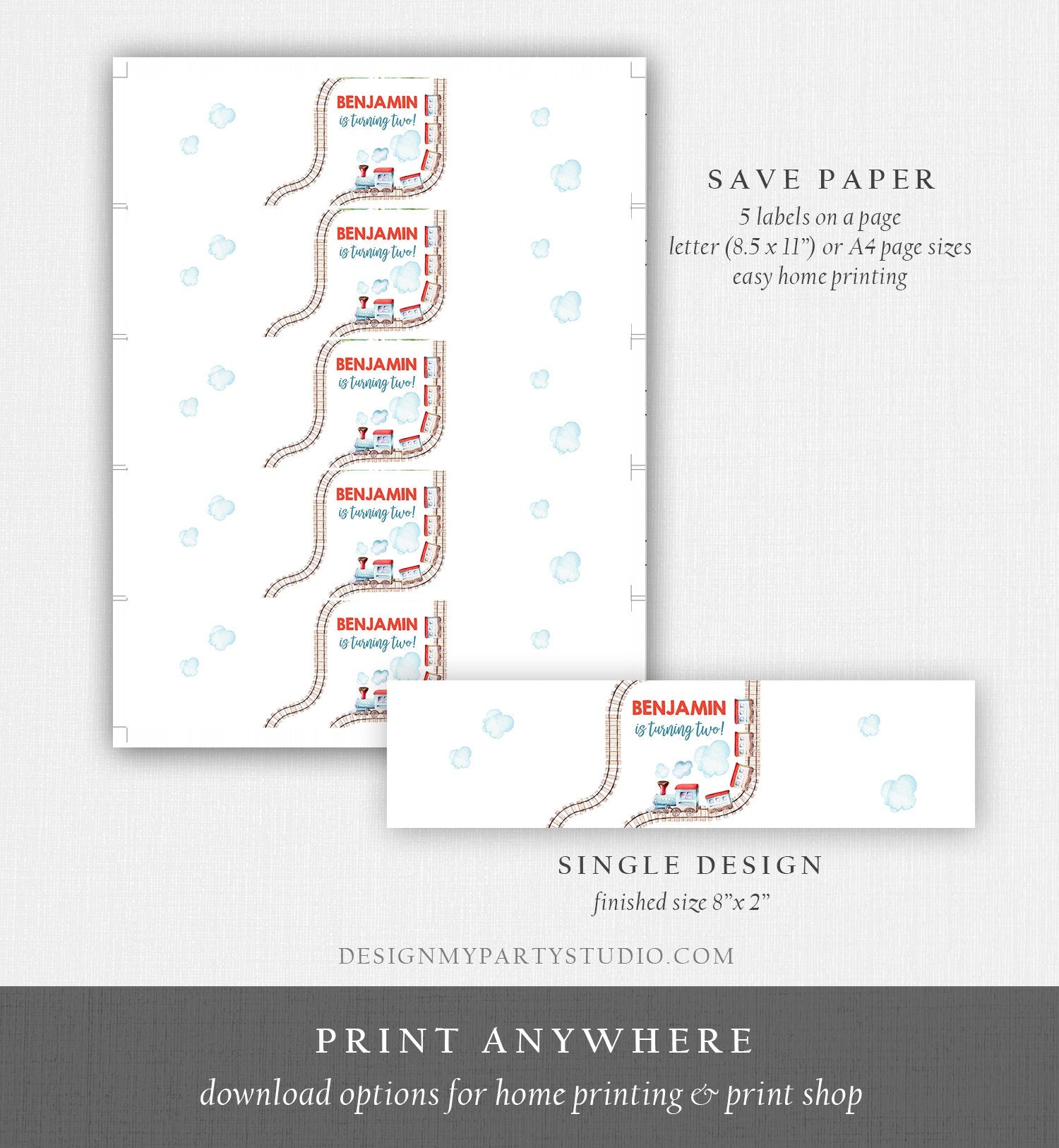 Editable Train Water Bottle Labels Train Birthday Decor Red Blue Bottle Wrap Railroad Chugga Chugga Two Choo Printable Corjl Template 0149