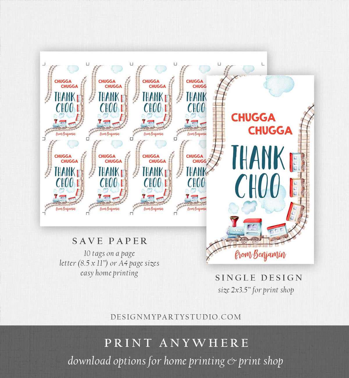 Editable Favor Tags Train Birthday Thank You Tags Vintage Train Party Chugga Choo Choo Thank Choo Red Boy Digital Template Printable 0149