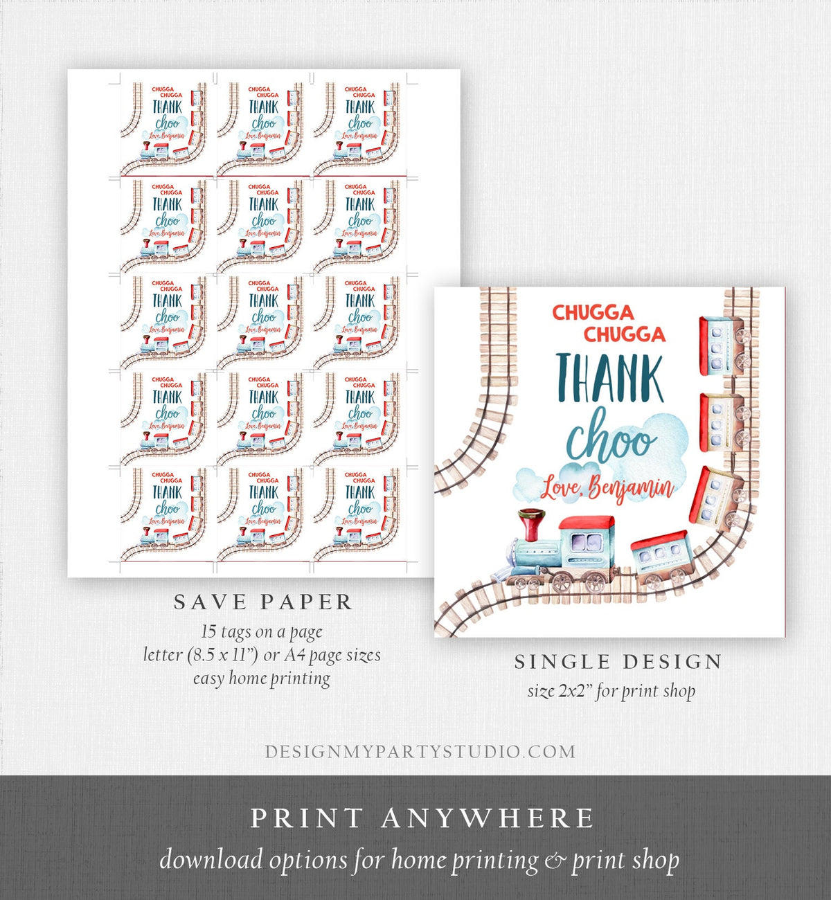 Editable Favor Tags Train Birthday Stickers Chugga Thank Choo Tags Chugga Two Two Red Blue Boy Round Tag Train Printable Corjl Template 0149