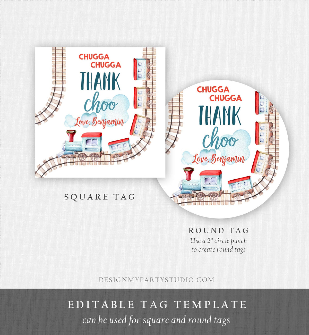Editable Favor Tags Train Birthday Stickers Chugga Thank Choo Tags Chugga Two Two Red Blue Boy Round Tag Train Printable Corjl Template 0149