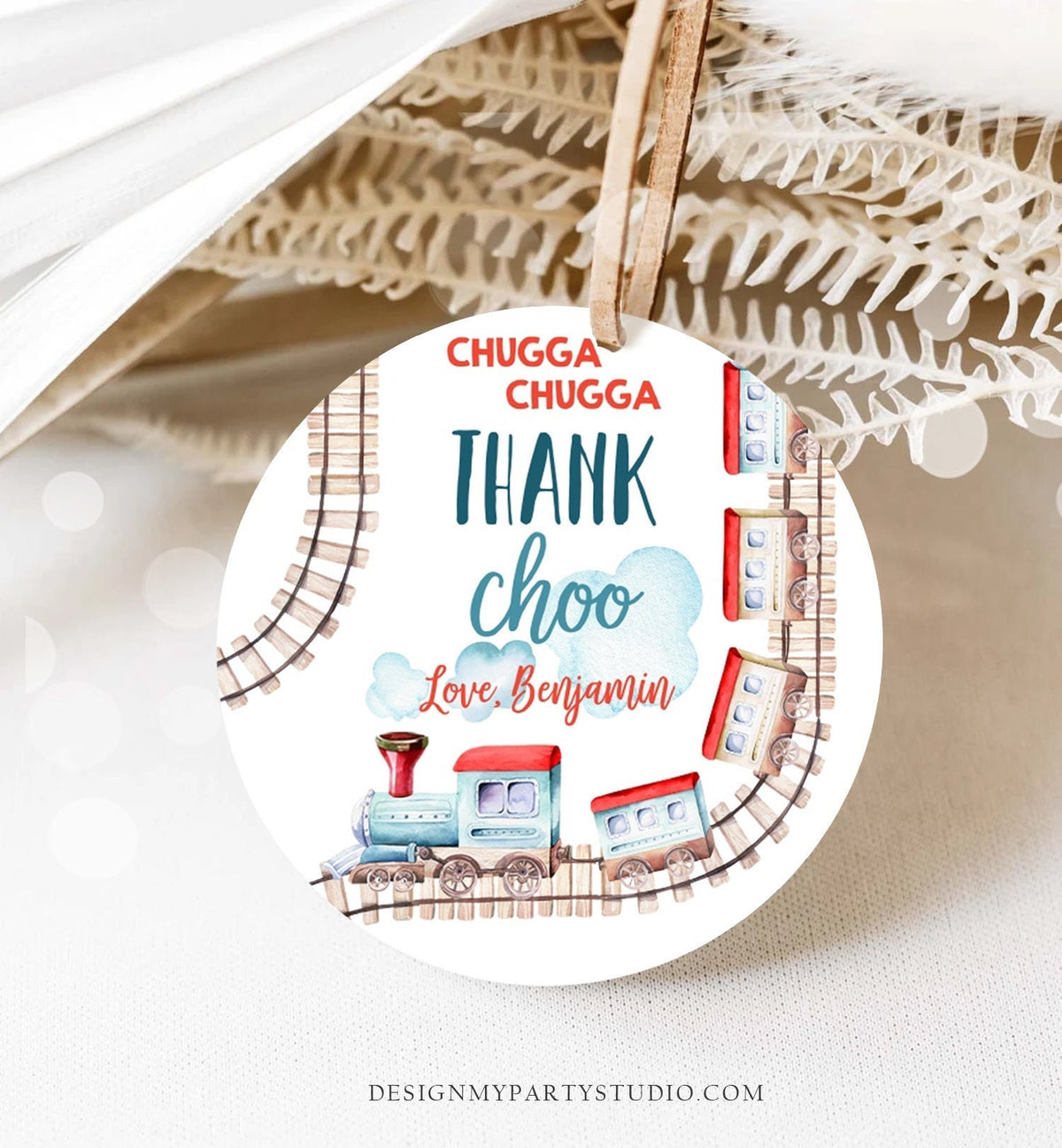 Editable Favor Tags Train Birthday Stickers Chugga Thank Choo Tags Chugga Two Two Red Blue Boy Round Tag Train Printable Corjl Template 0149
